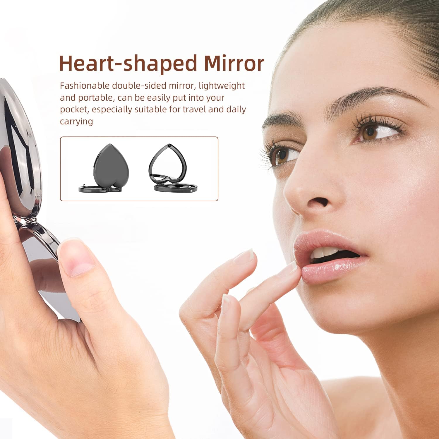 Mini Vintage Heart Elegant Metall Makeup Mirror, Portable 1X/2X Magnifier (Black)