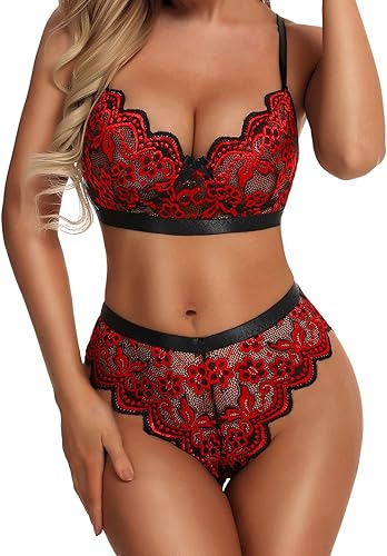 Conjunto de lencería sexy para mujer, conjunto de lencería para mujer, conjunto de brasier y bragas, cintura alta, floral, de encaje, ropa interior