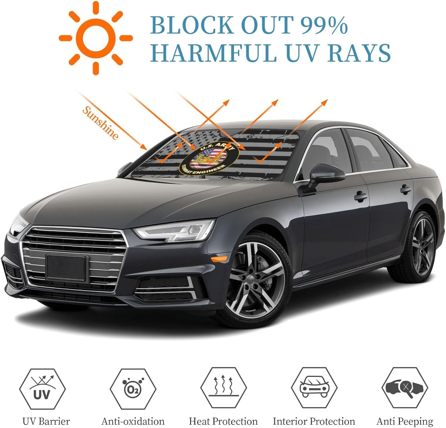 Us Mos 12b Combat Engineer Veteran Foldable Car Windshield Sunshade Blocks Heat and Sun Glare Uv Rays