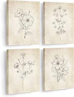 sea breeze home retro simple floral canvas botanical prints Set of 4 wall art decor 11"x 14" for bedroom bathroom kitchen living room dining room