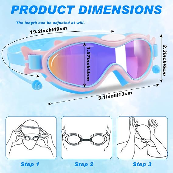 2 Pack Kids Swim Goggles Cute Cartoon Kids Swimming Goggles Girls Ages 3-16 | Anti-Fog UV Protection Swim Glasses with Wide Silicone Strap, Built-in Earplugs Leak-Proof