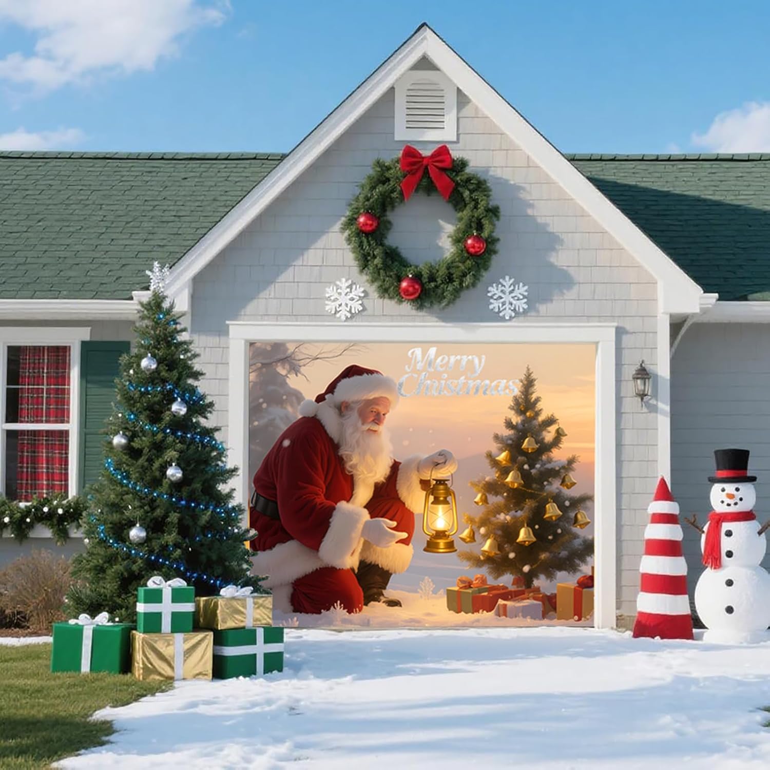 Christmas Garage Door Banner – Santa Claus, Xmas Tree & Gift Boxes, Large Waterproof Reusable Outdoor Holiday Cover for Home, Yard, Party & Photo Backdrop,8 × 7ft/2.4 × 2.1m