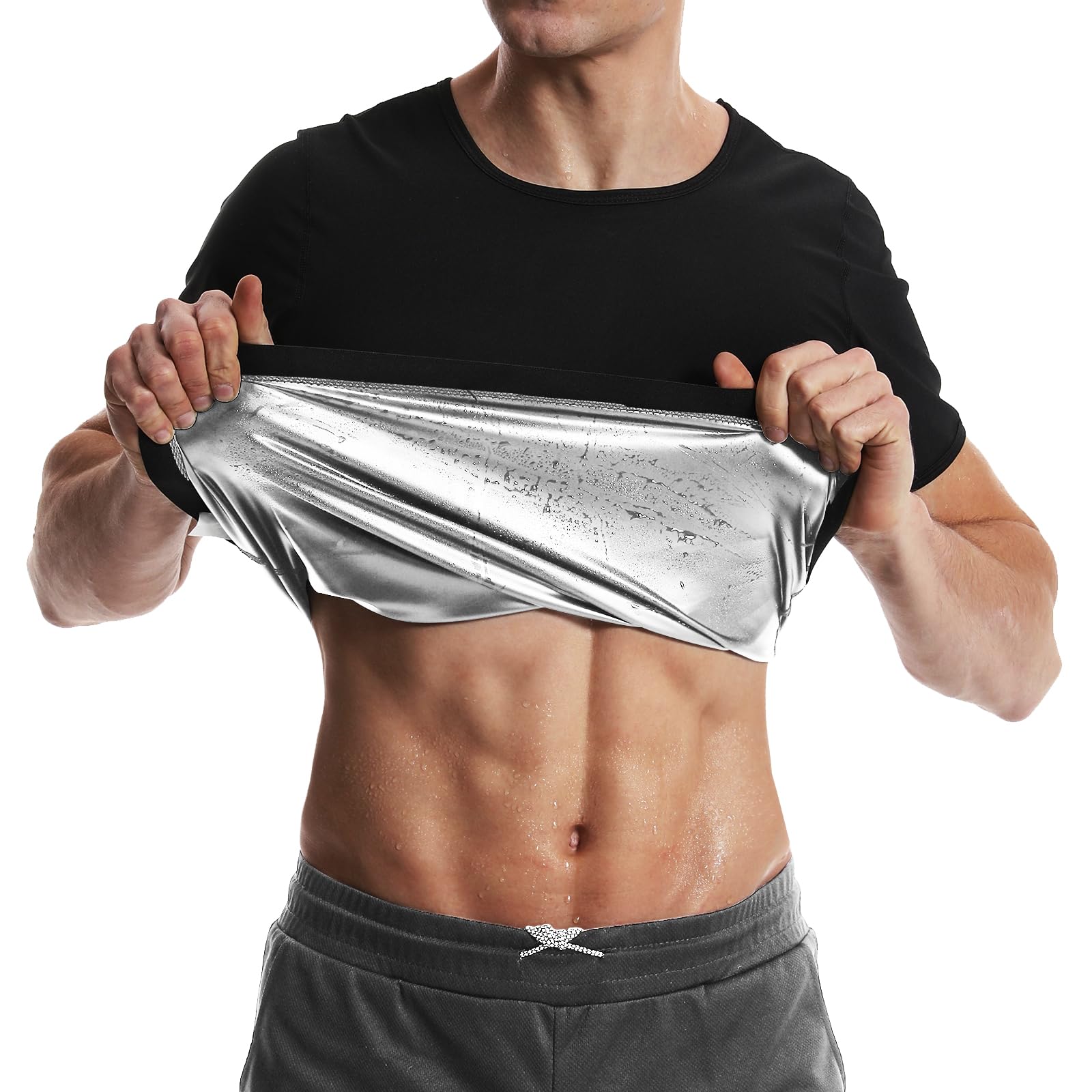 Vigorix Sauna Shirt Waist Trainer for Men Sweat Vest Workout Gym Versatile Shaper Sweat Enhancer Short Sleeve (Silver, XL)