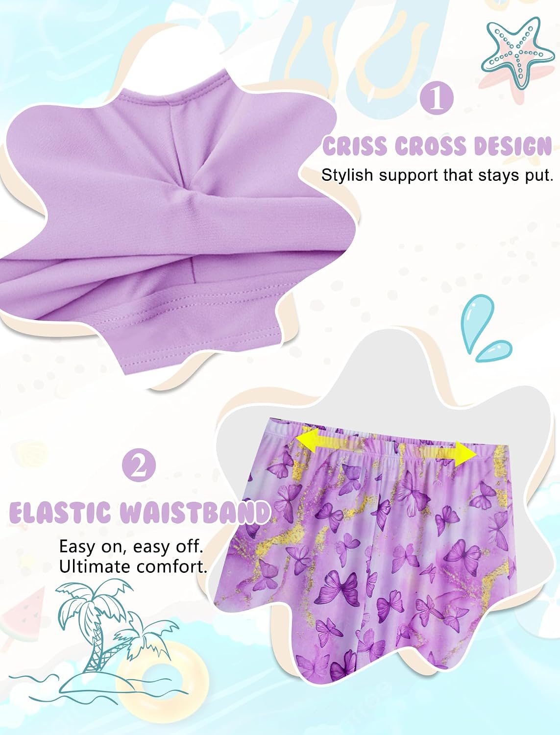 Girls Swimsuit 3 Piece Bikini Bathing Suit Criss Cross Swimwear Sets with Mesh Cover Up Pants 6-16Y