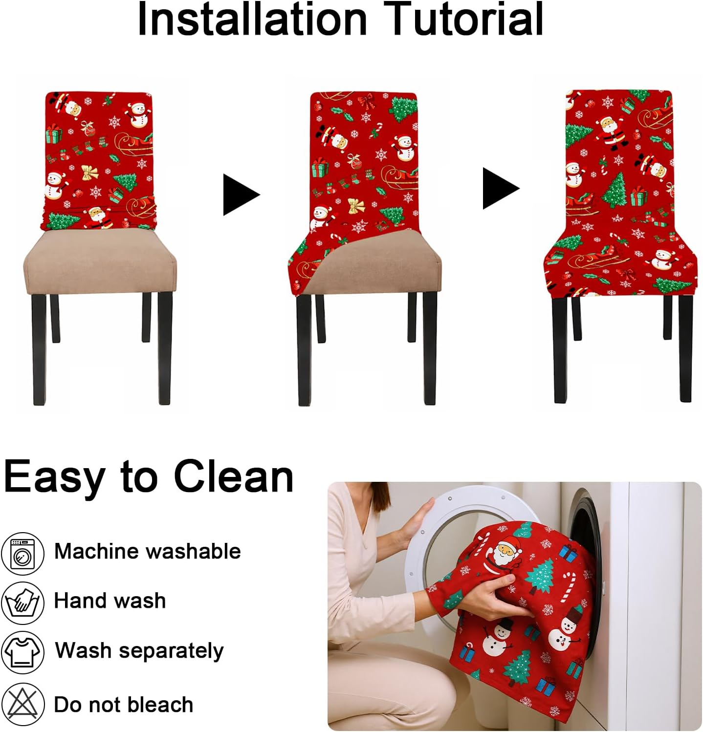 cjc Christmas Chair Covers Set of 4 - Stretch Dining Room Chair Slipcovers, Washable Covers for Dining and Bar Stools, Holiday Decor Protector