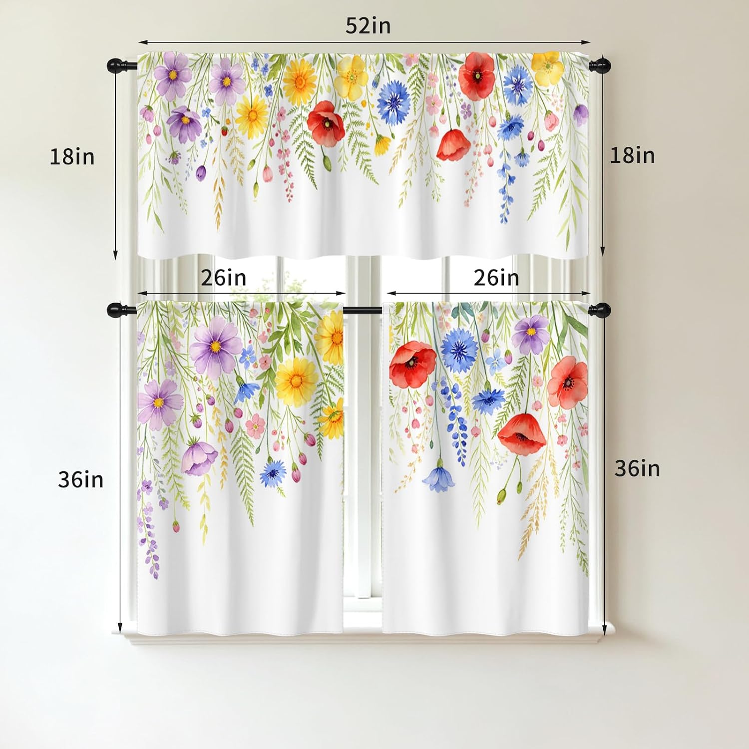 Farmhouse Flora Kitchen Curtains, Tier & Valance, 36" L X 52" W