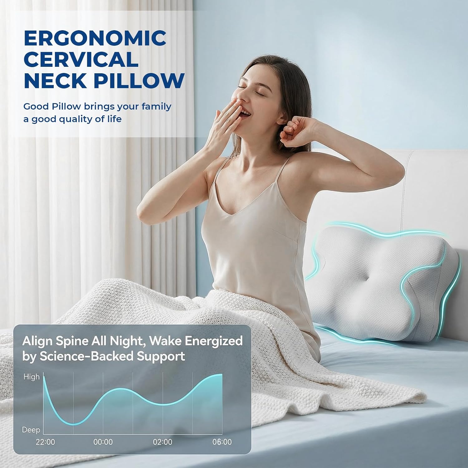 Ergonomic Memory Foam Cervical Neck Pillow for Neck Pain Relief, for Mom, Cooling Cover for Side and Back Sleepers, Grey