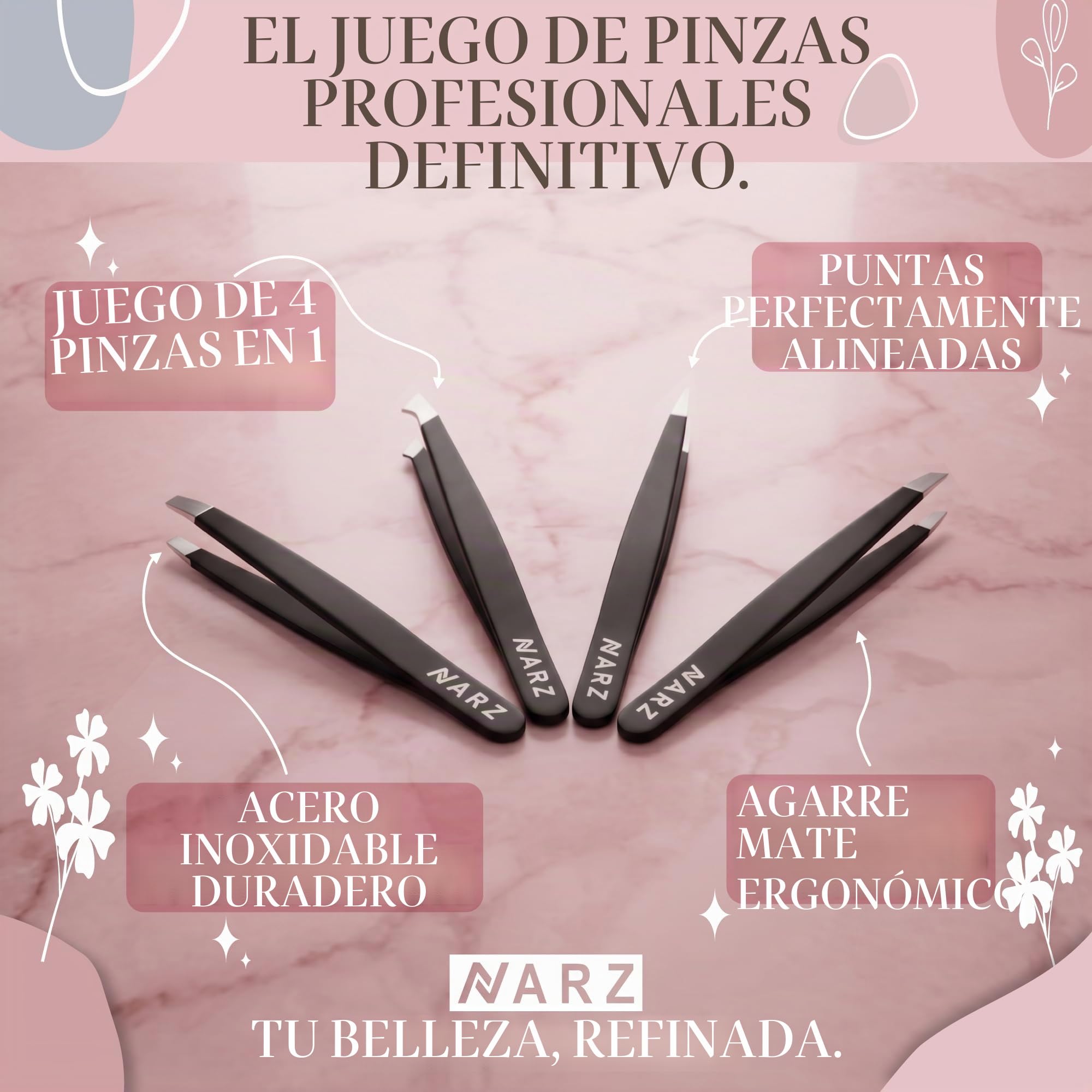 NARZ pinzas Depilar Profesionales Para Vello Facial Mujeresy Hombres, Pinzas de Pelo Precisión de Acero Inoxidable pinzas Para de Cabello Encarnado (4 Piezas)