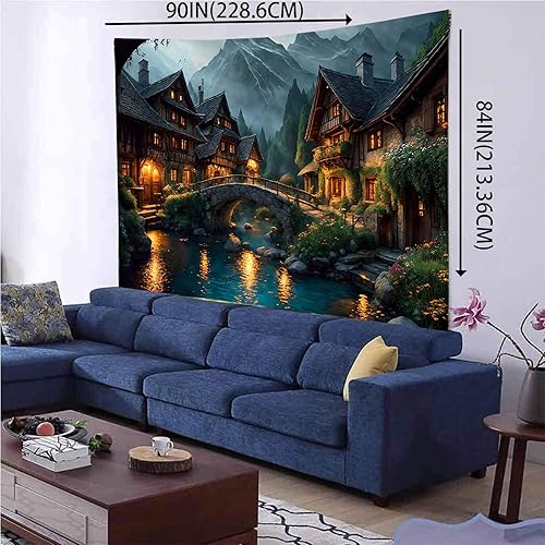 Miniatura 4 de Aidatain Tapiz de paisaje del mundo de cuento de hadas, tapiz grande de 90 pulgadas de largo x 84 pulgadas de ancho, tela de franela para colgar en