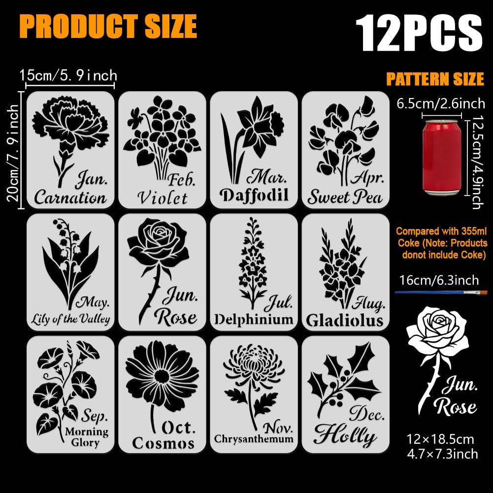 FINGERINSPIRE 12 Pcs Birthday Flower Stencils with Paintbrush 7.9 x 5.9 inch 12 Month Flower Stencil DIY Craft Floral Stencil Reusable Floral Stencils for Painting on Wood Furniture Canvas Wall