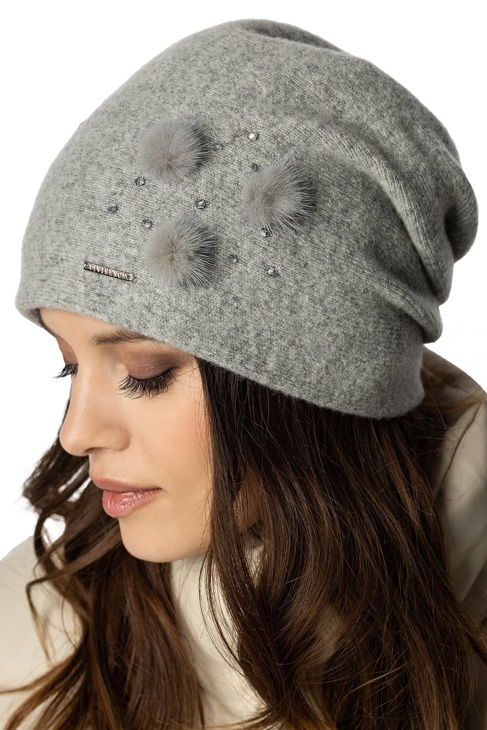 Vivisence Invernale Cappello Elegante da Donna con Fodera Interna Decorato con Tre Pompon in Pelliccia E Zirconi Realizzato in Caldo Filato di Lana Perfettamente Adattabile