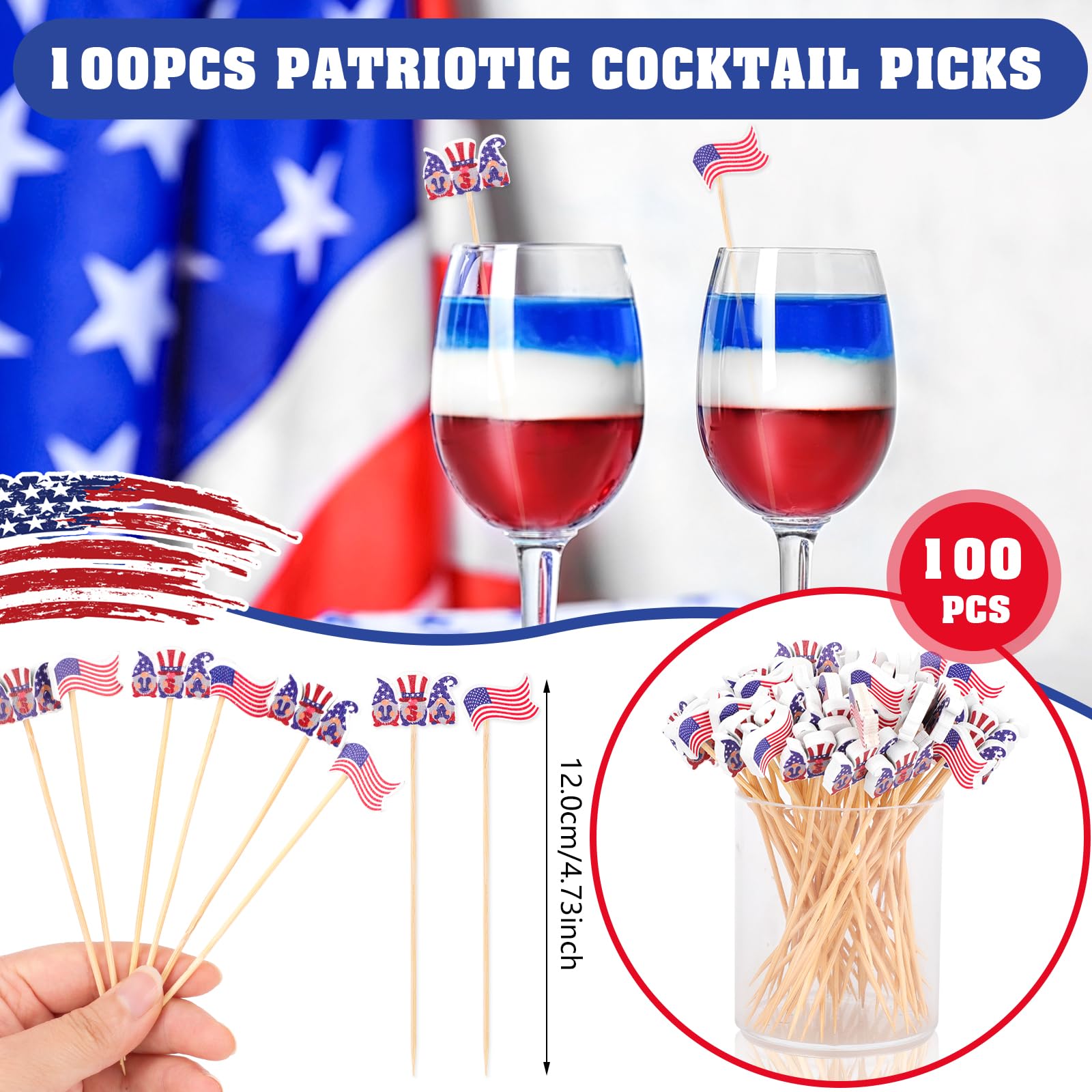 OOTSR 100Pcs 4th of July Cocktail Picks, 4.7inch Red White Blue USA Gnomes and American Flag Bamboo Food Toothpicks Cocktail Sticks for Independence Day Party Decorations