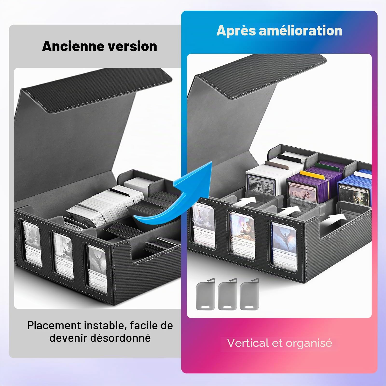 UAONO Boîte de rangement pour cartes à collectionner pour écran Commander, plus de 1800 MTG avec 3 toploaders, étui pour cartes de sport Magic PTCG (noir et gris)