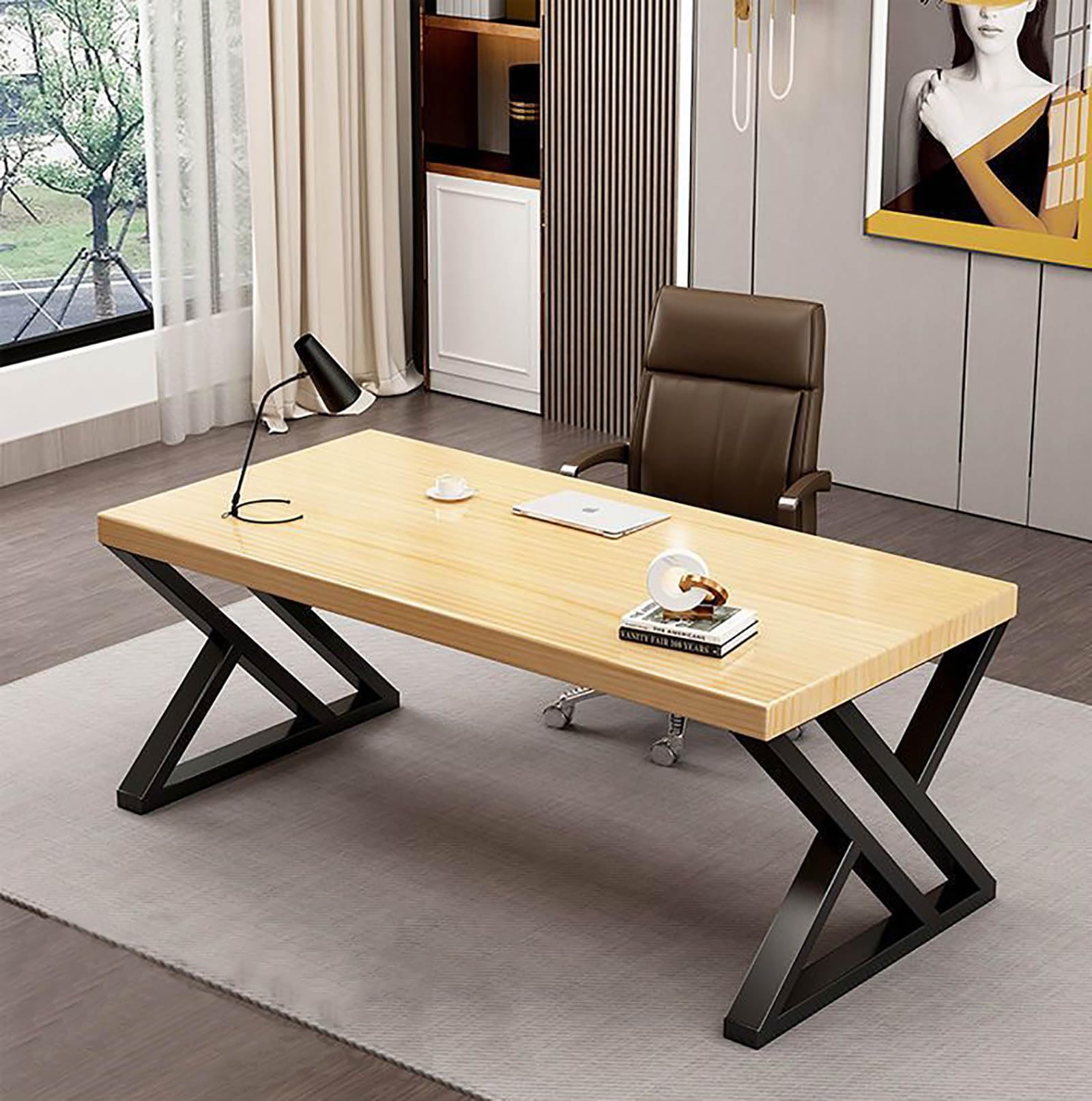 Wdsopk Wood Desk Gaming Desk Modern Simple Natural Solid Thick Computer Desk Study Writing Table Metal Frame Space Saving Executive Desk Workstation For Home Office（-120X60x75cm）