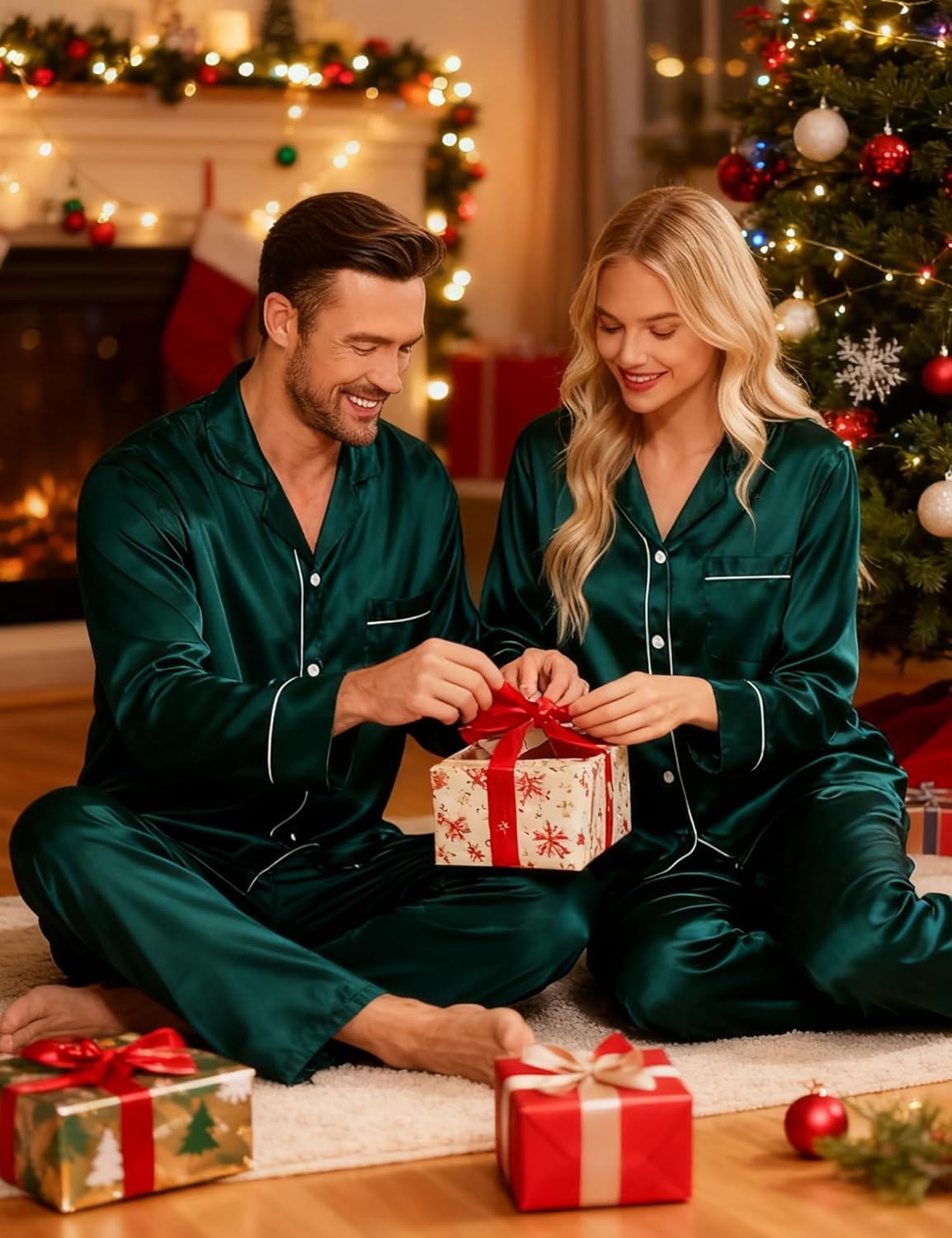 SWOMOG Couples Satin Pajamas Set Womens & Mens Matching Silk Long Sleeve Sleepwear 2 Piece Button Down Pjs Set Lounge Set - Image 2