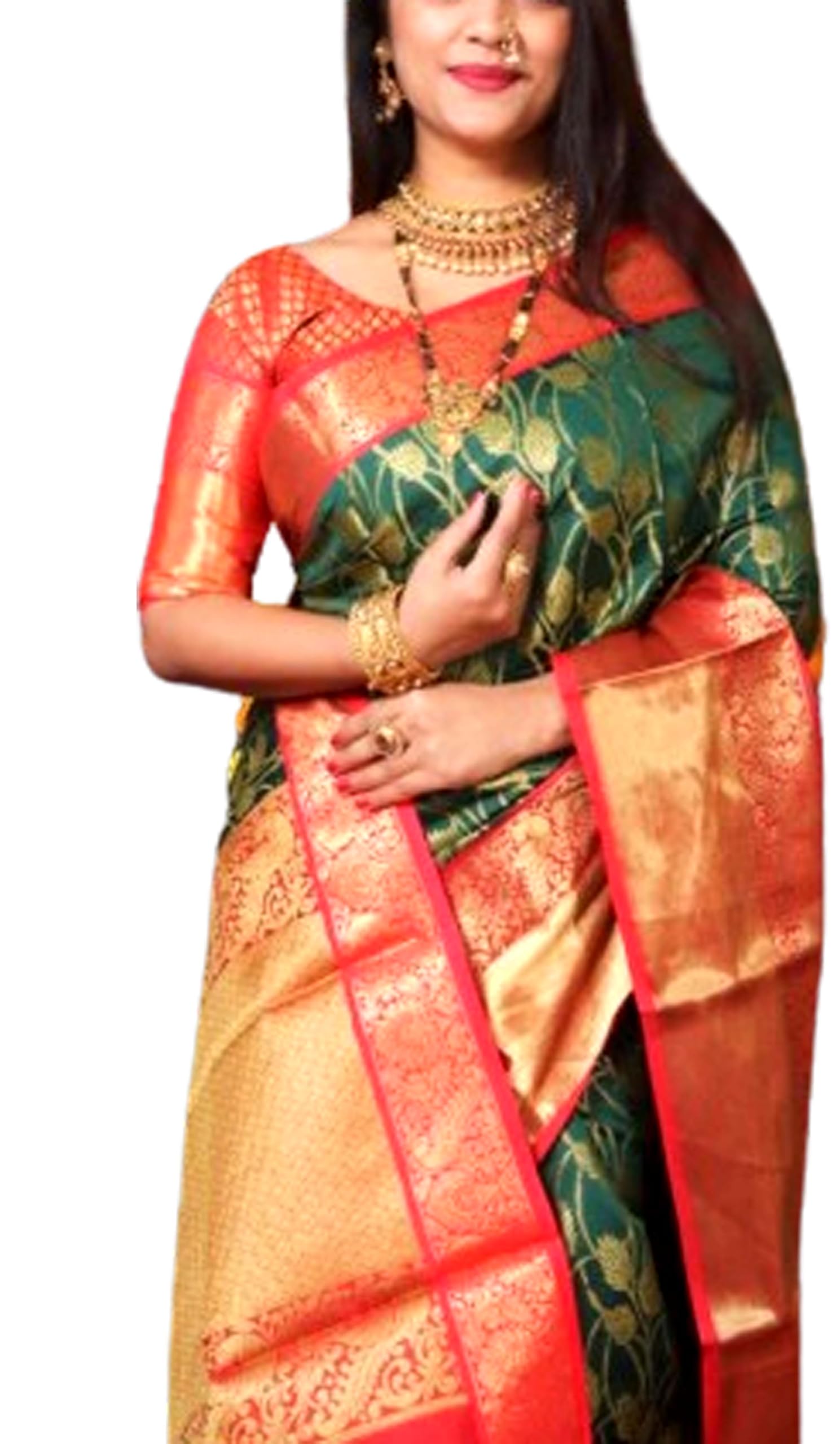 Jolly Women's Woven Kanjivaram Wedding Silk Festive Saree With Blouse Piece - Green Red