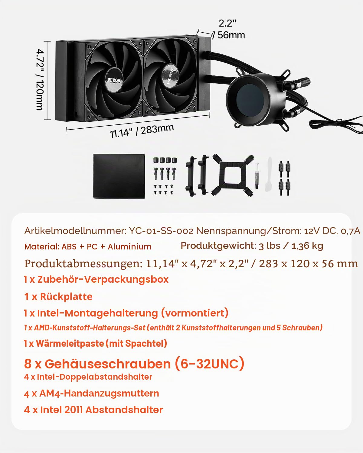 VEVOR Flüssigkeitskühler, AIO-CPU-Wasserkühler, 120-mm-PWN-Lüfter, 4,6 cm Display, max. 2200 U/min CPU-Kühlerlüfter, PC-Wasserkühlung für Intel 115X/1366/2011/1700/1200, AMD AM4/AM5