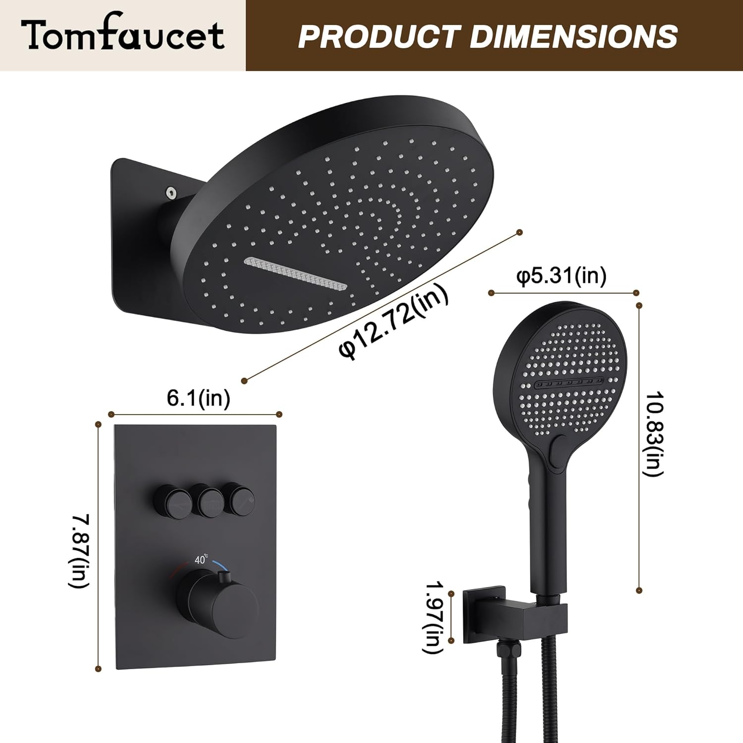 Thermostatic Shower System, Wall Mount Rainfall Waterfall Shower System, Brass Valve Luxury Rain Shower Systems with 5 Modes High Pressure Handheld Shower Head, Matte Black