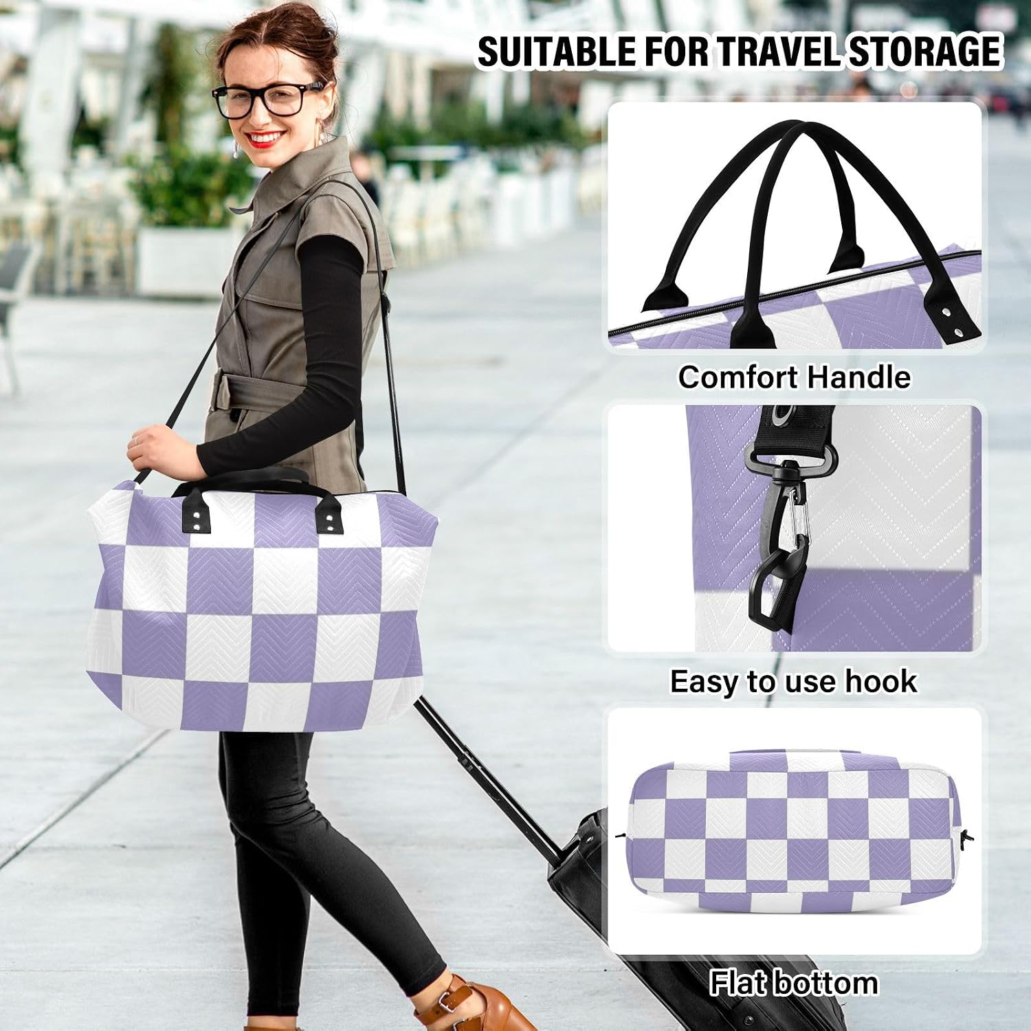 Purple and White American Plaid Decorative Large Carry On Airport Bag Sports Tote Gym Bag with Toiletry Bag for Yoga Multifunctional Bolsa para viajar