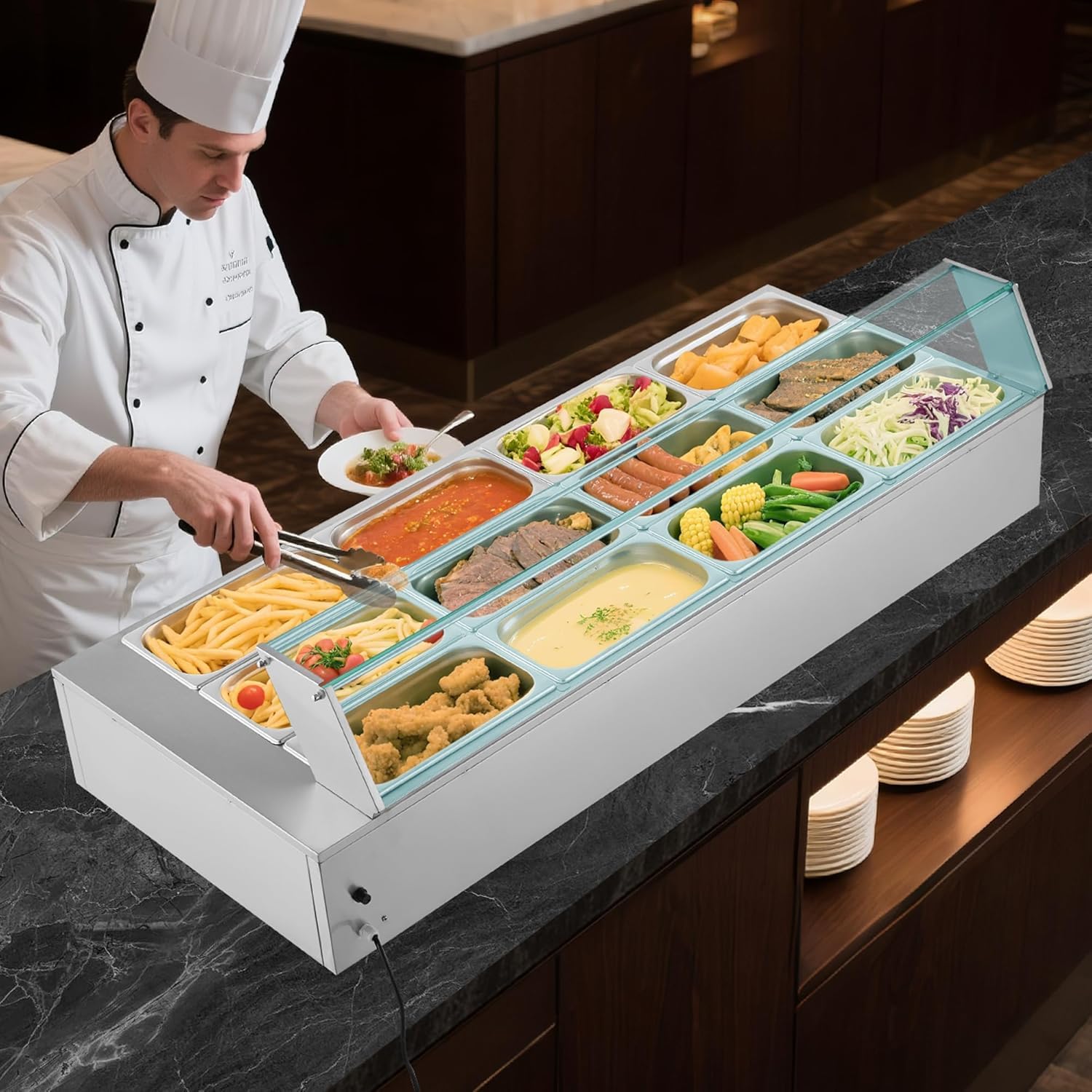 VEVOR Calentador de Alimentos 1700 W, Eléctrico, Acero Inoxidable, con Vapor y Tapa de Cristal, 12 Sartenes, para Buffet de Encimera, Baño María con Cucharones para Sopa y Perforados, 30–85 ℃