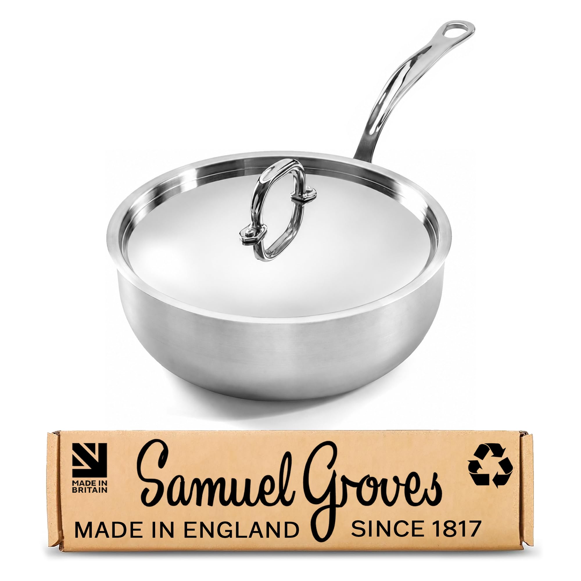 Samuel Groves Stainless Steel Tri-Ply Chef’s Pan with Curved Lid, Fully Clad Sauté Pan, UK Made Induction & Oven Safe Braising Pan. PFAS-Free Uncoated Cookware (Sauté Pan + Curved Lid, 20cm) — image 1