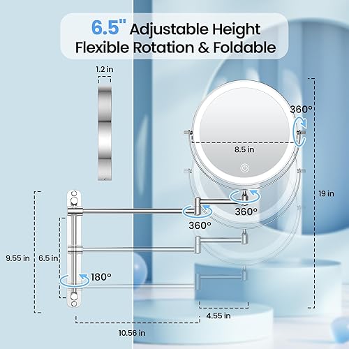 Miniatura 3 de Gospire Espejo de maquillaje iluminado recargable de 8.5 pulgadas con aumento de 10X, 3 colores de luz, brillo y altura ajustables, rotación de 360,