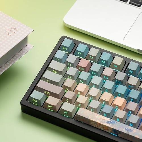 Miniatura 4 de dagaladoo Shine Through - Juego de teclas PBT de doble disparo, 60, 75 por ciento, tinte, 130 teclas, impresión lateral, verdemarrón, tapas de