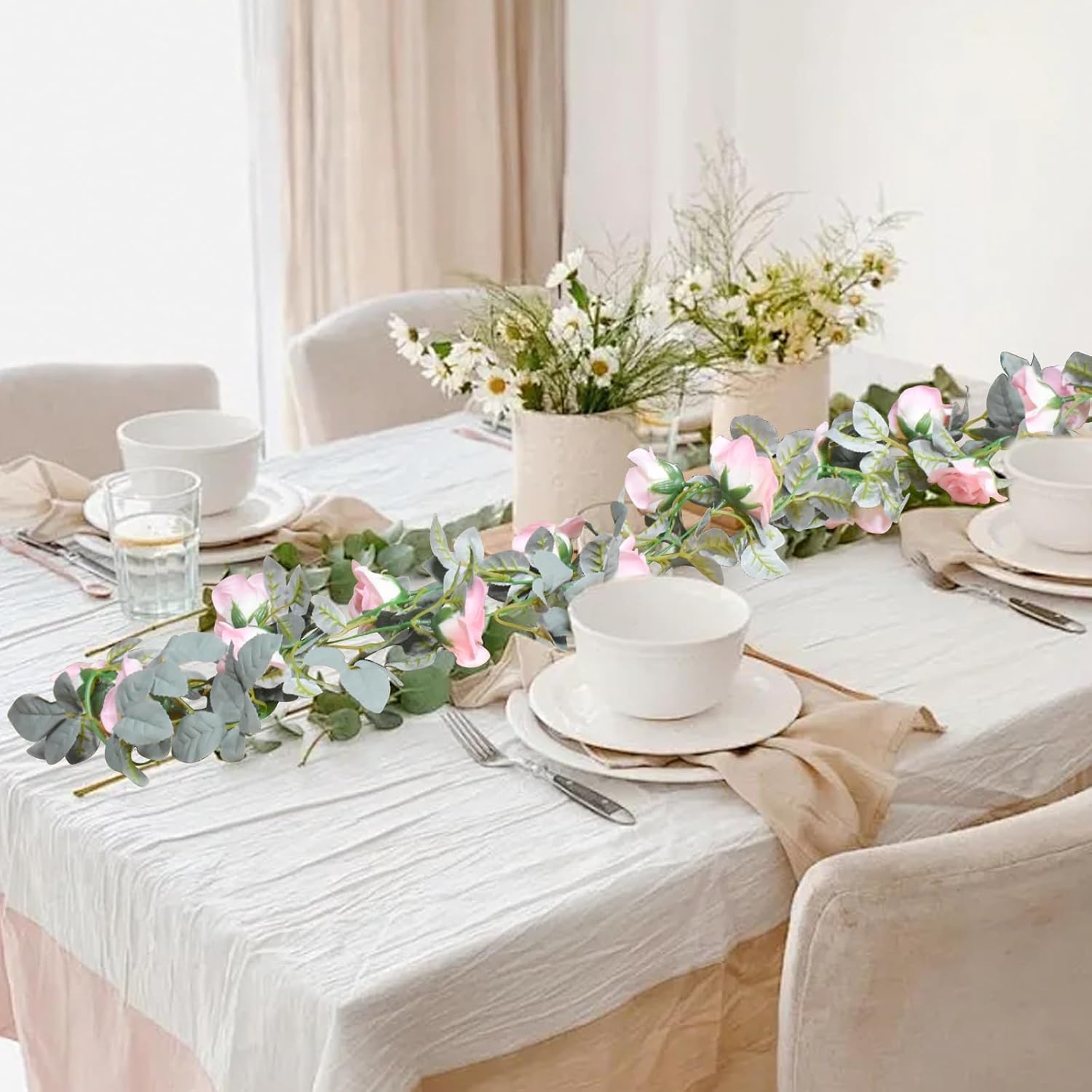 Flower Garland Rose Vine 4Pcs 28FT Artificial Floral Garland with Green Leaves Hanging Rose Vine for Wedding Party Garden Home Wall Decor (Light Pink) - Image 5