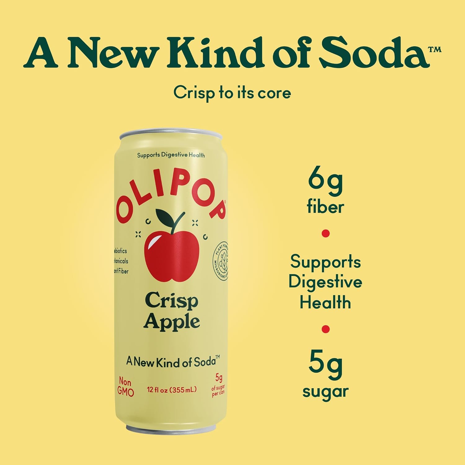 OLIPOP Sparkling Prebiotic Soda, Crisp Apple, Pantry Pack Packed with Prebiotics, Fiber, and Botanicals, Gluten Free, GMO Free, 12oz Skinny Can (12 Pack)
