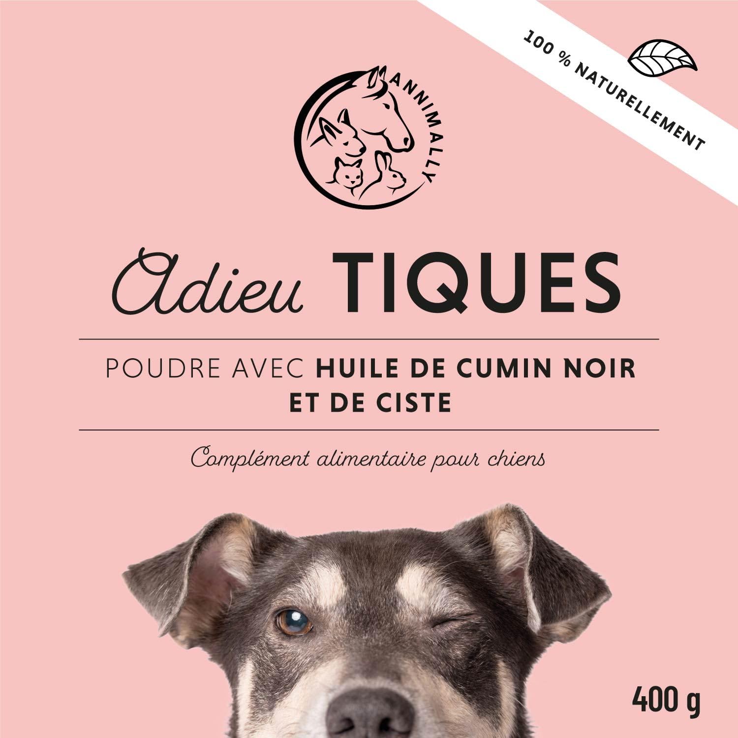 Annimally Adieu Tiques en Poudre pour Chiens - 400g de Poudre avec Huile de Cumin Noir, ciste, levure de bière & algues Marines - Produit Efficace, entièrement Naturel comme Alternative aux comprimés