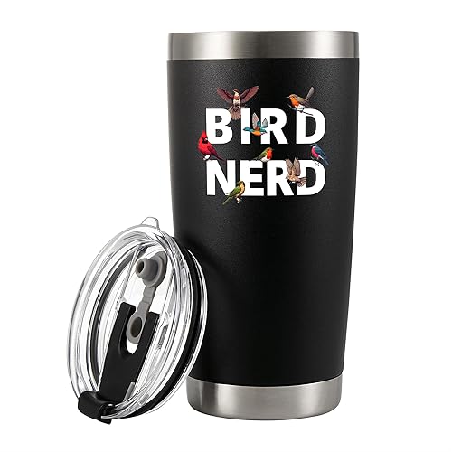 Bird Nerd Bird Lover Gifts For Women Men Ornithologists for Girlfriend Boyfriend Mom Dad Sister Friend Nature Lover Vacuum Insulated Stainless Steel Tumbler with Removable Lid and Straw 20 oz Black
