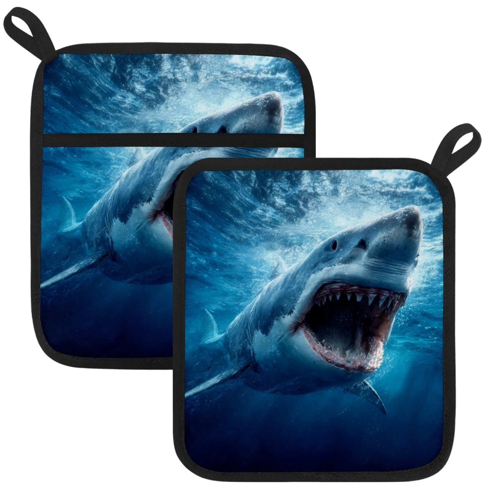 VAPOKF Ocean Shark Pot Holders with Pocket for Kitchen Heat Resistant Potholders Large Polyester-Cotton Square Oven Mitts Set