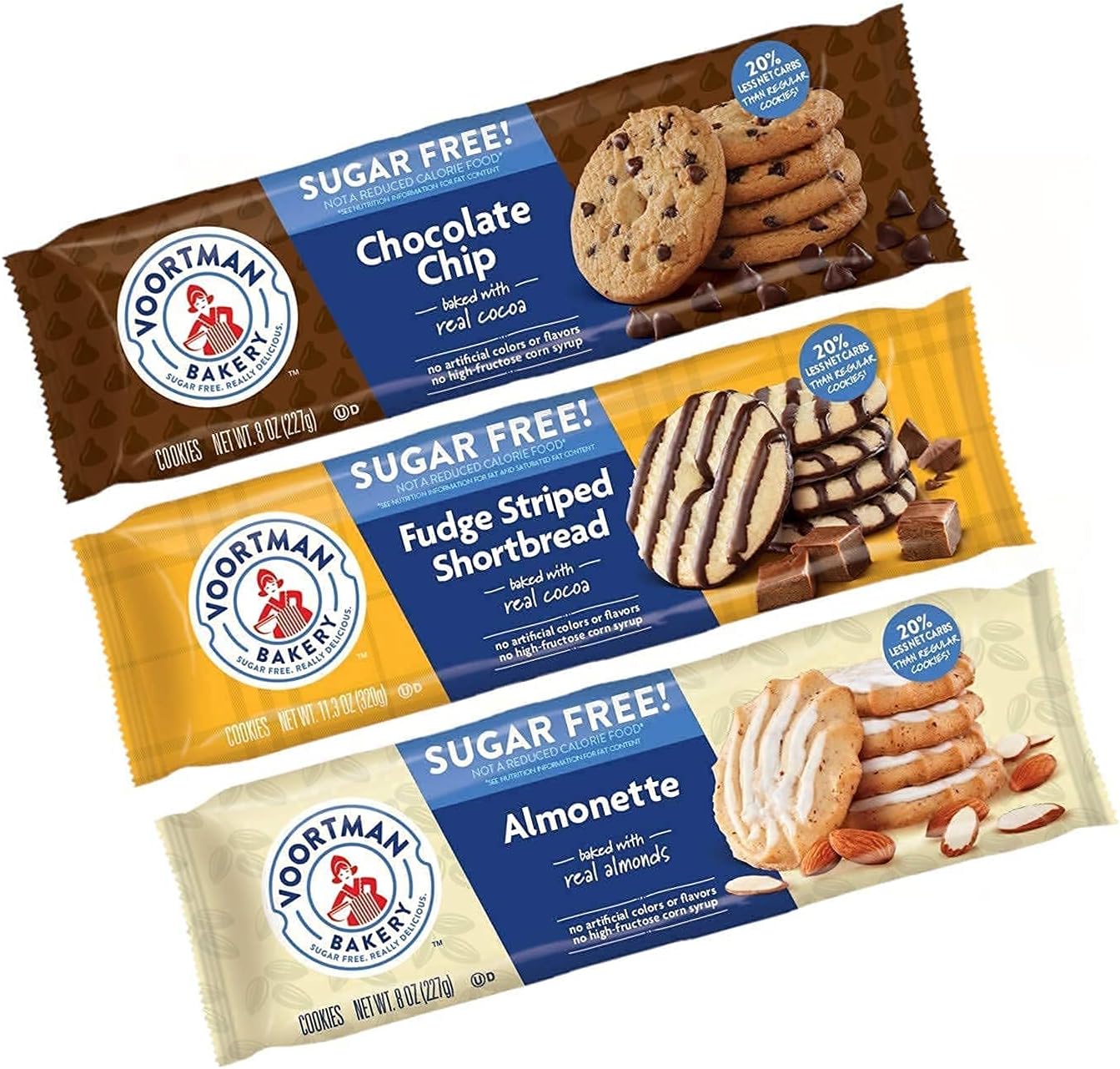 Bakery Sugar Free Wafers Variety Pack | Chocolate Chip, Fudge Stripe Shortbread and Iced Almonette | 3 pack