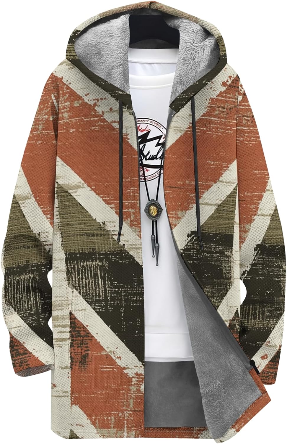 LIZALIG Mens Warm Fleece Jackets Ethnic Aztec Print Full Zip Hooded Coat with Pockets Fall Winter Long Cardigan Hoodies