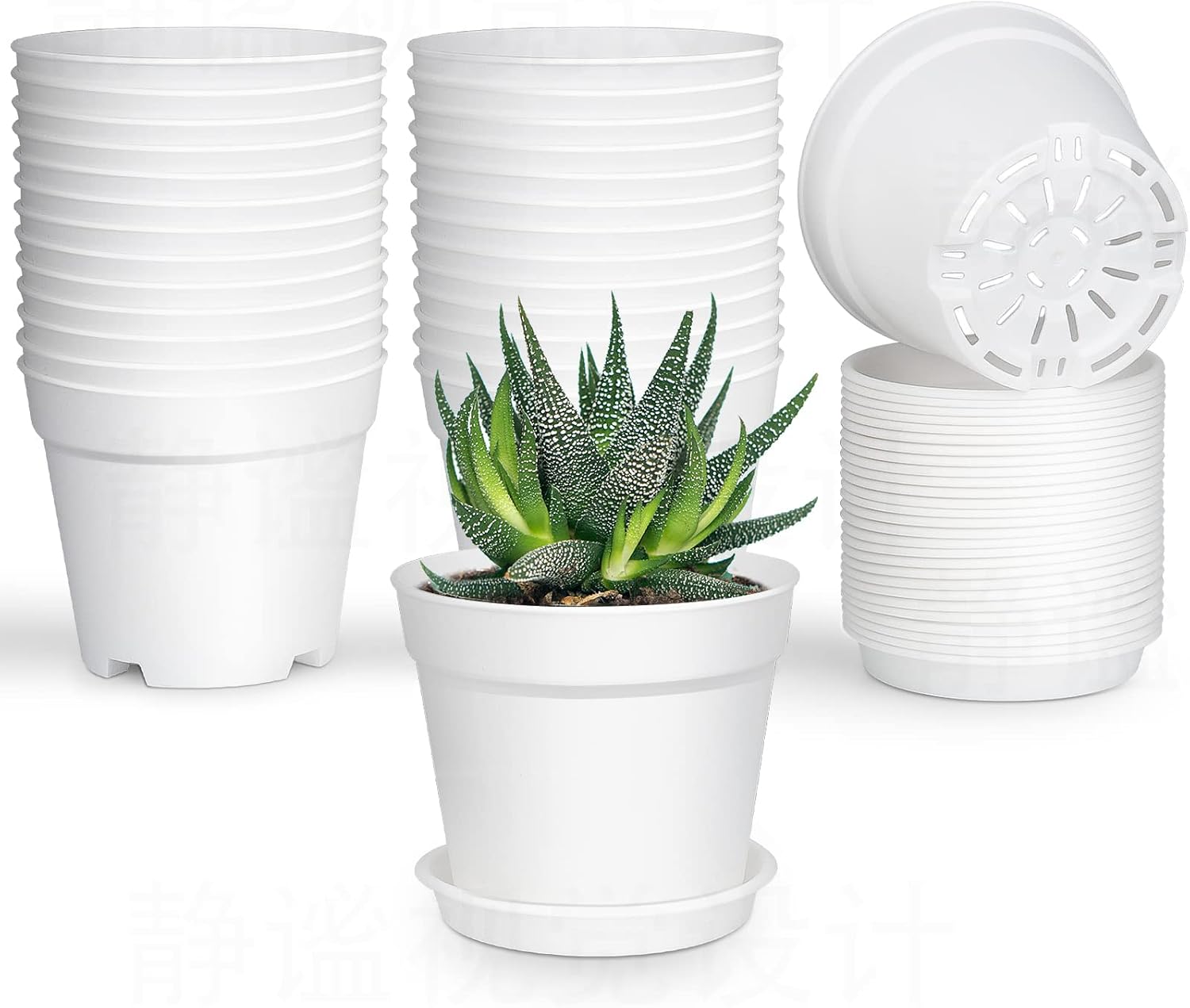 SwinDuck 28 Pack 4 Inch Plastic Plant Pots with Drainage Holes & Saucers - Succulents, Herbs, Seed Starters, Indoor Plants, White