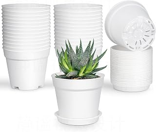 SwinDuck 28 Pack 4 Inch Plastic Plant Pots with Drainage Holes & Saucers - Succulents, Herbs, Seed Starters, Indoor Plants, White