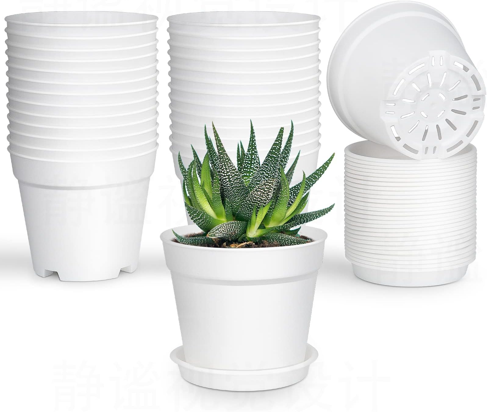 SwinDuck 28 Pack 4 inch Small Plant Pots, Plastic Planters with Drainage Holes and Saucers for Flowers Plants, Succulents, Seed Starting Pots, White