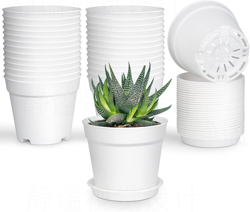SwinDuck Paquete de 28 macetas pequeñas de 4 pulgadas, maceteros de plástico con orificios de drenaje y platillos para plantas de flores, suculentas, macetas para iniciar semillas, color blanco