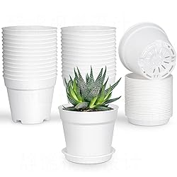 SwinDuck 28 Pack 4 inch Small Plant Pots, Plastic Planters with Drainage Holes and Saucers for Flowers Plants, Succulents, Seed Starting Pots, White