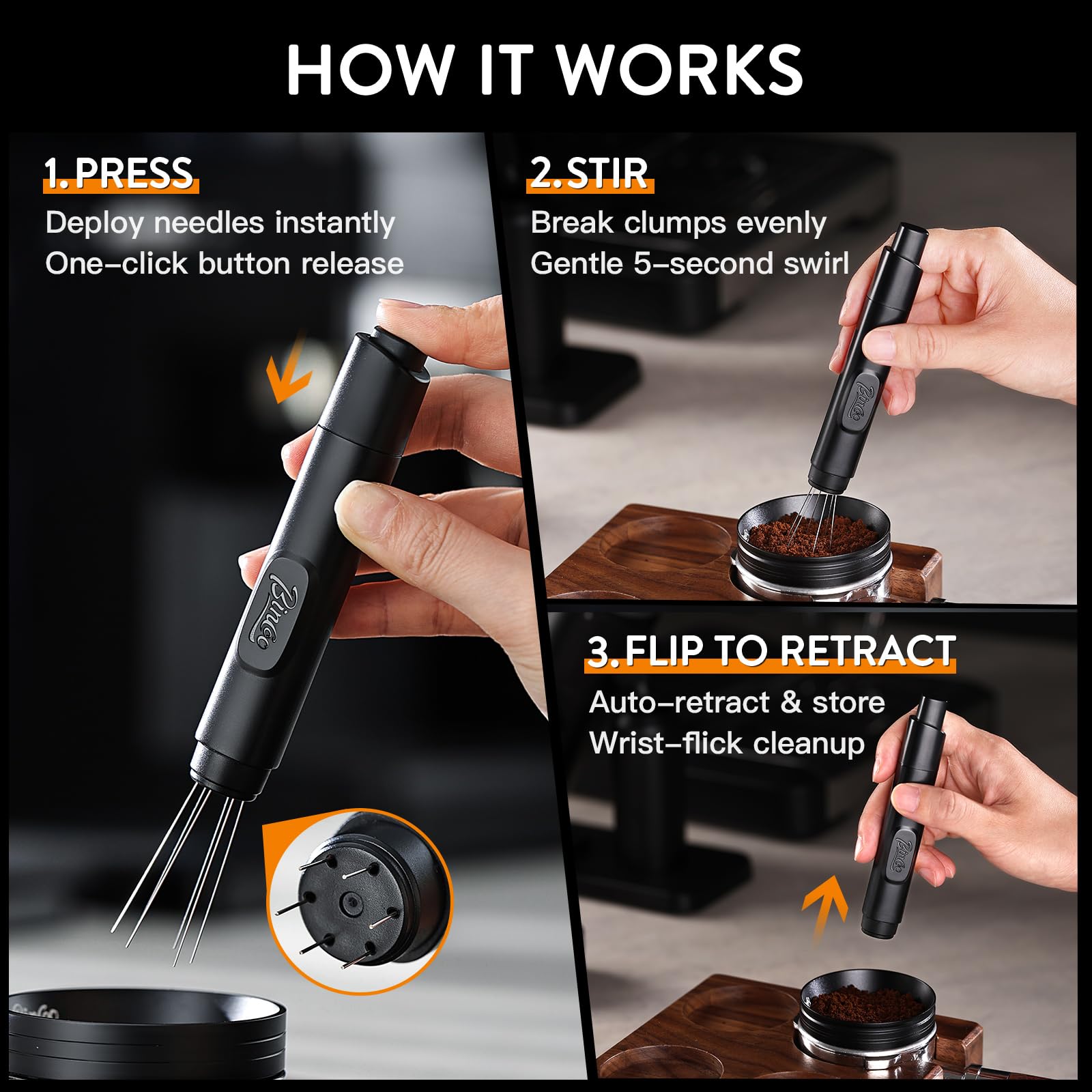 Herramienta retráctil WDT para distribución de espresso, distribuidor de café, agitador de espresso para barista con soporte de almacenamiento y 6 agujas reemplazables adicionales (negro)