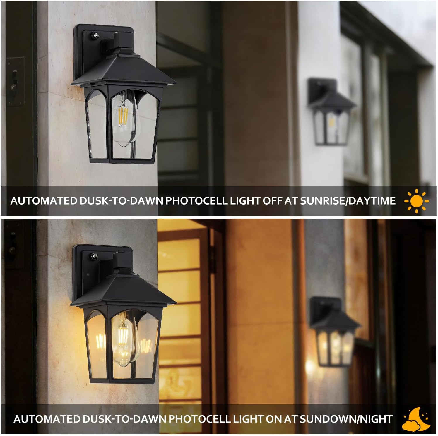 Aluminium Dusk to Dawn Outdoor Wall Lights, Exterior Lighting Fixtures, Automatic On/Off, Outside Waterproof Wall Mount Lantern Sconce, Matte Black Lamps for Patio Porch Garage(2 Pack, Bulbs Included)