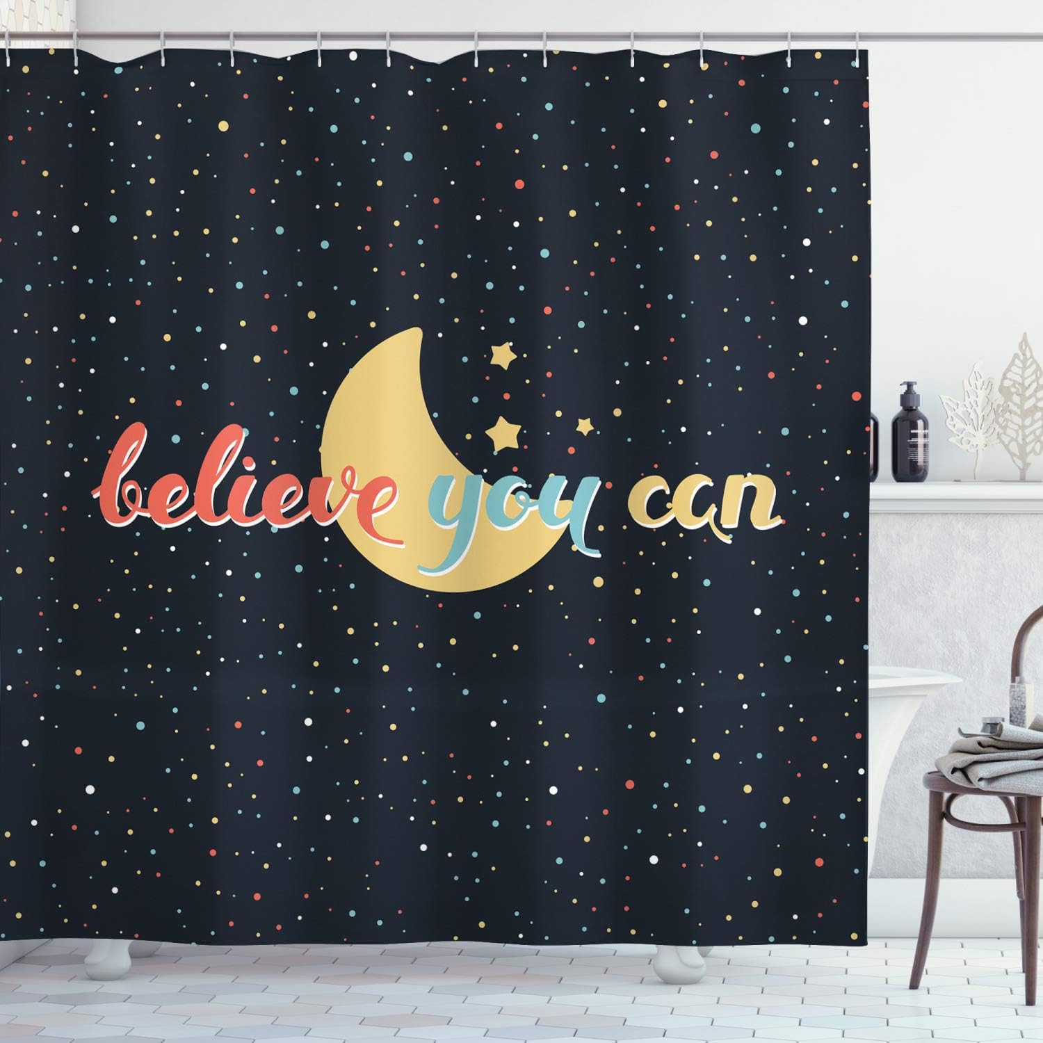 Ambesonne Motivational Shower Curtain, Believe You Can Words on The Crescent Shape of Moon with Stars Inspirational Lettering Image, Cloth Fabric Bathroom Set with Hooks, 69" W x 70" L, Black Yellow