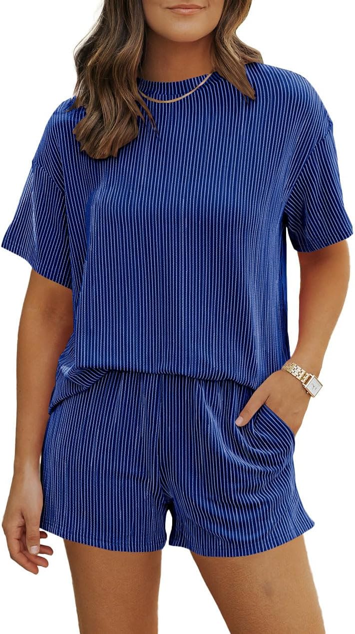 Ulovmi Women 2 Piece Outfits Summer Sets Lounge Sweatsuits with Short Sleeve