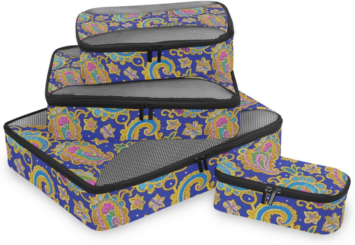 Elegant Pasley Floral Blue Gold Colorful 4 Pcs set organizers for travel Mesh Travel Essentials lightweight packing cube set