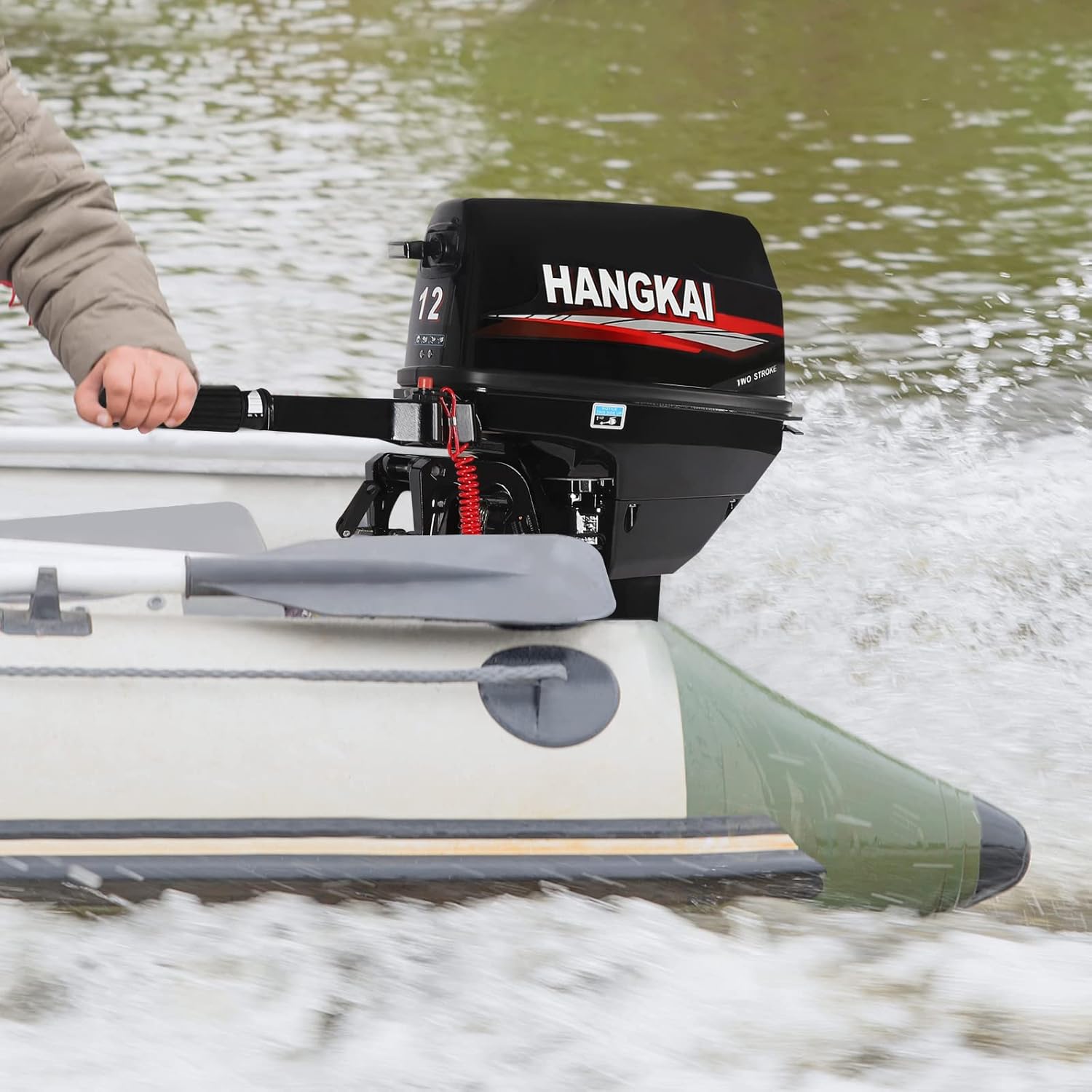 Hangkai 2-Stroke 12HP Outboard Motor, Heavy Duty Outboard Boat Motors, Long Shaft Fishing Boat Engine Marine Engine, Tiller Control Fishing Boat Kayak Engines, with CDI Ignition System & Water Cooling