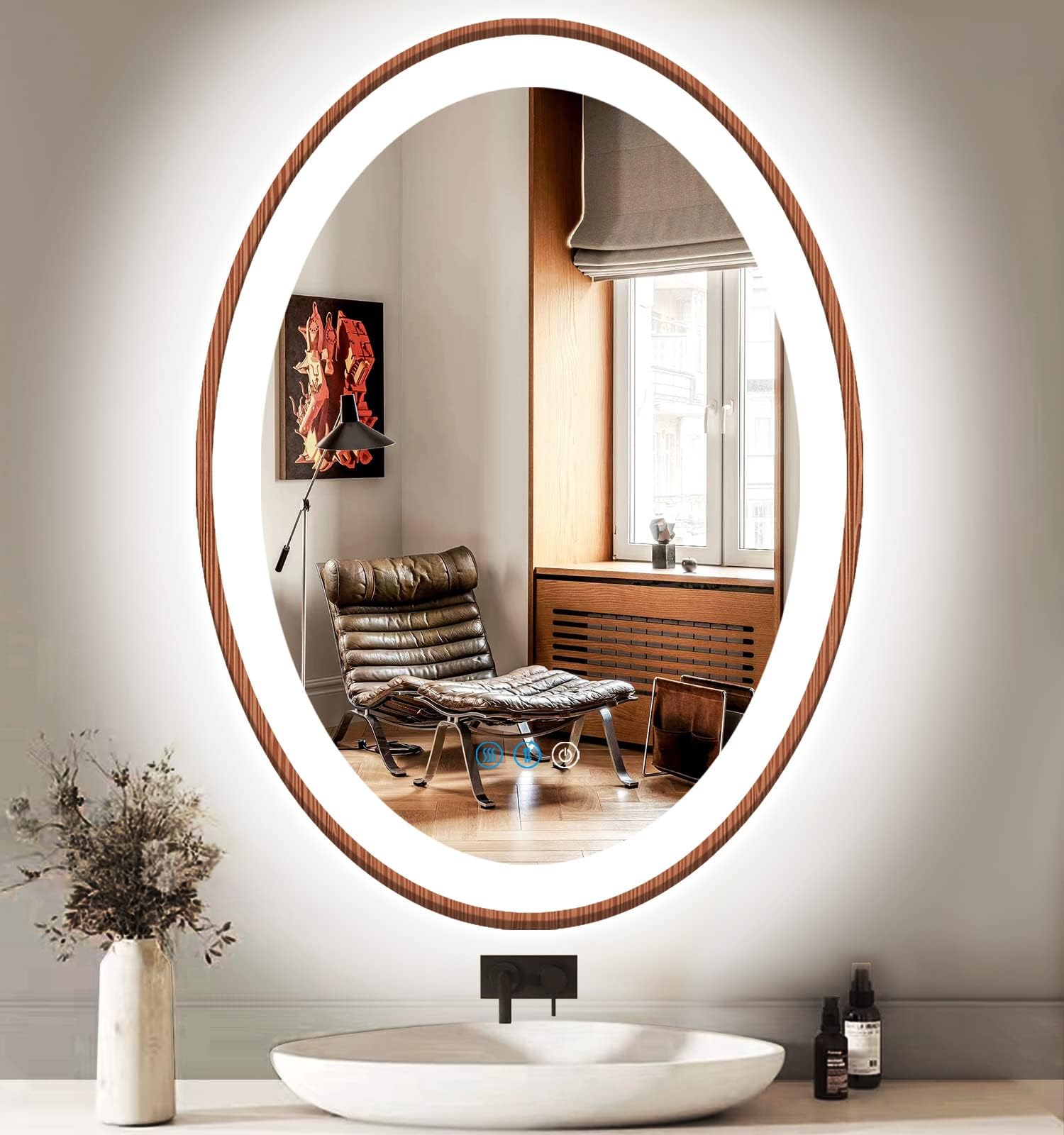 ARUMMA 20 x 30 Inch Bathroom Oval Wood LED Mirror with Wood