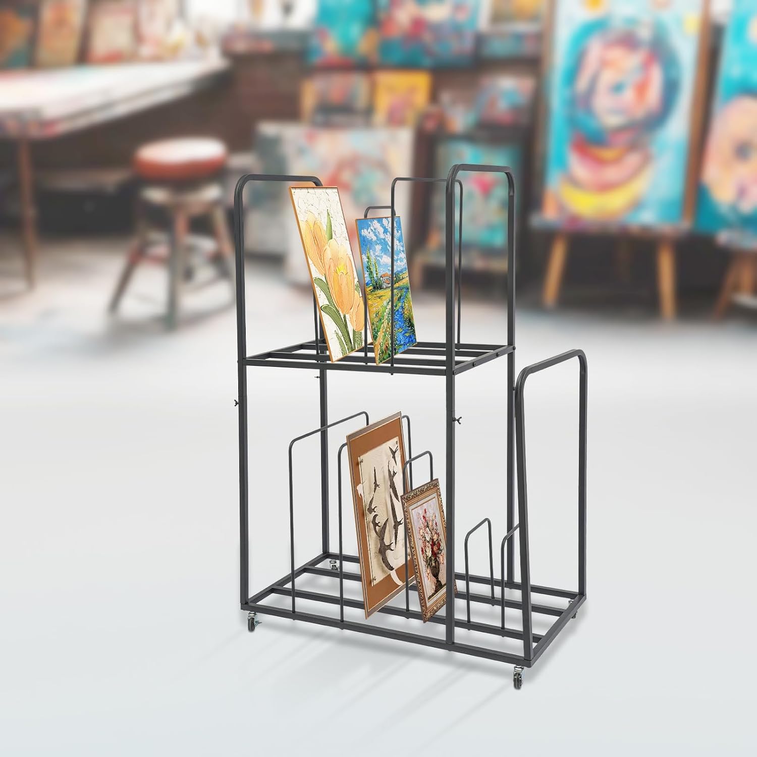 Large Art Storage Rack, 2-Tier Drying Painting Canvas Rack with Wheels, Art Storage Display Stands for Canvas, Drawing Board, Metal Crafts Print Rack for Art Shows