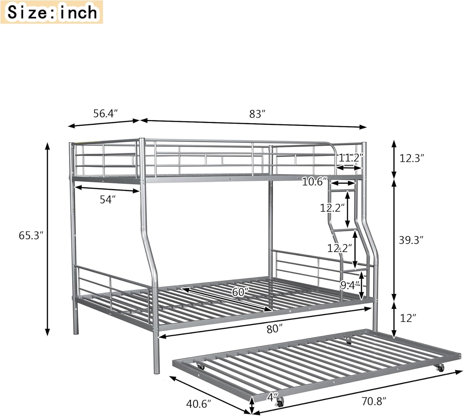 Bellemave Full XL Over Queen Metal Bunk Bed with Trundle, Bunk Bed Frame with Ladder and Safety Rails for Kids Triple Metal Bunk Can be Divided into Two beds, Silver