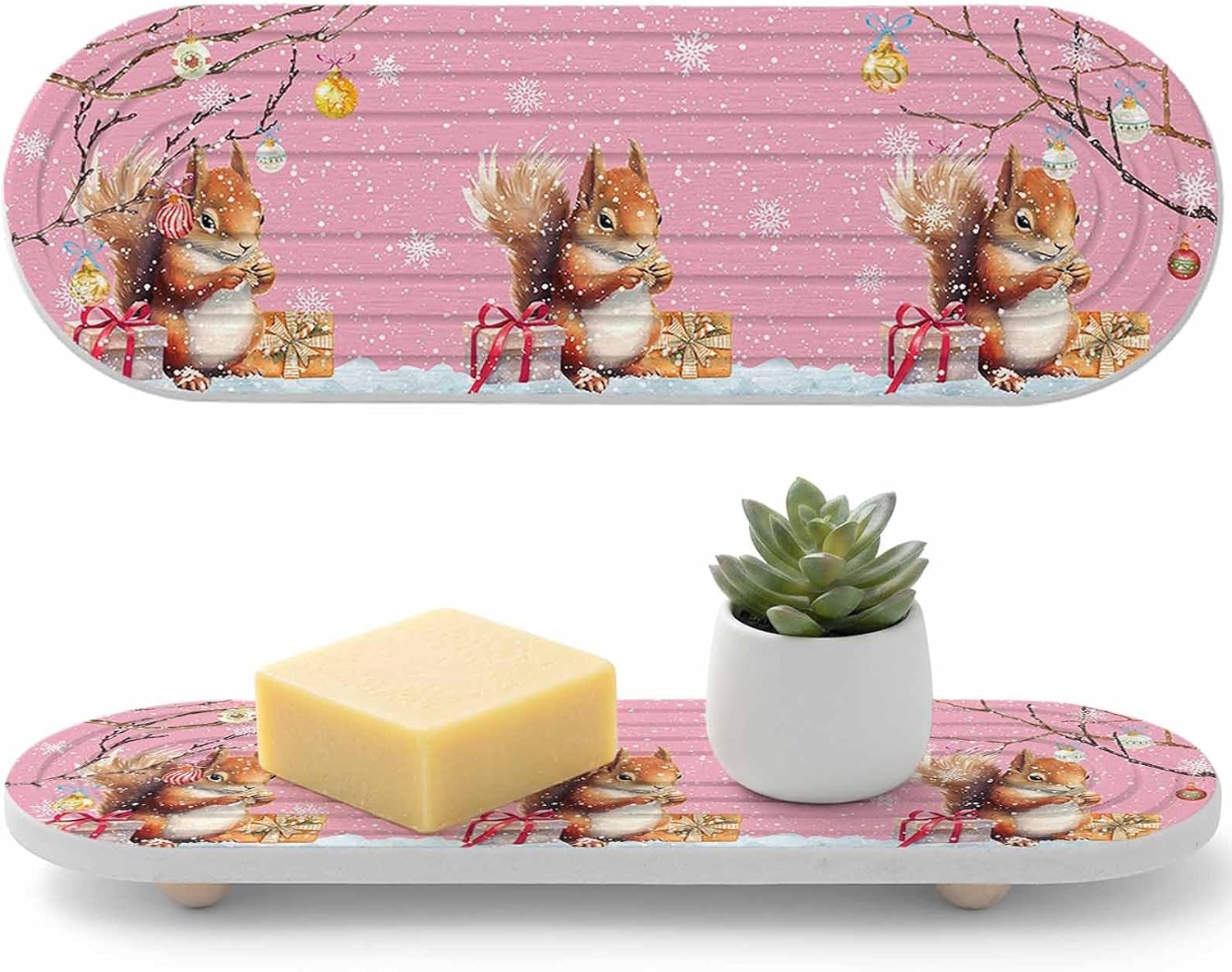 Squirrel Gifts, Water Absorbing Stone Drying Tray Mat for Bathroom Sink & Kitchen Counter, Fast Drying Tray Oval Diatomite Coasters, Christmas Snowflake Colorful Balls Dish Sponge Holders 2Pcs 12"x4"