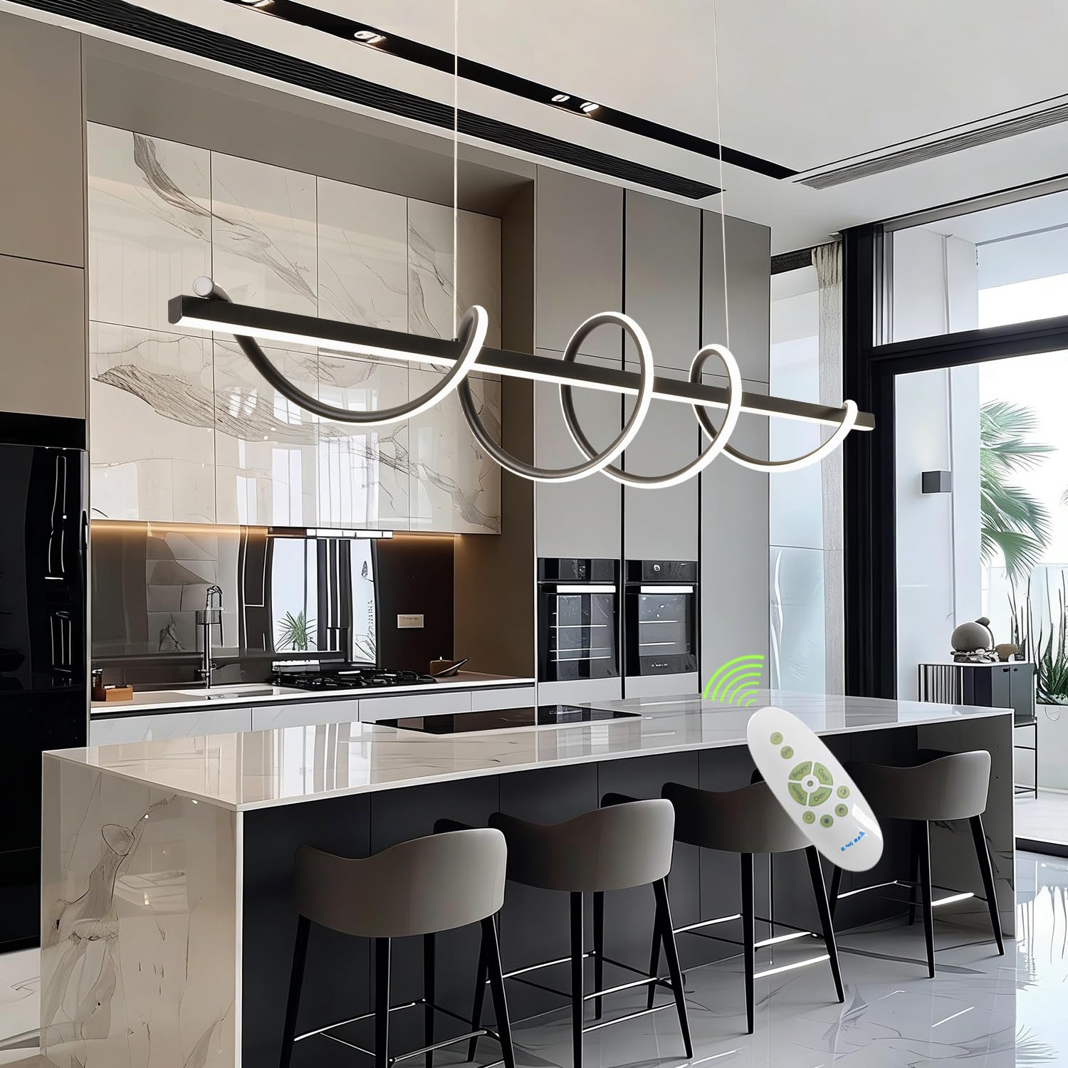 Lampada moderna a isola da cucina, 3000 K-6500 K, lampada a sospensione nera con striscia luminosa in silicone morbido da 150 cm, fai da te